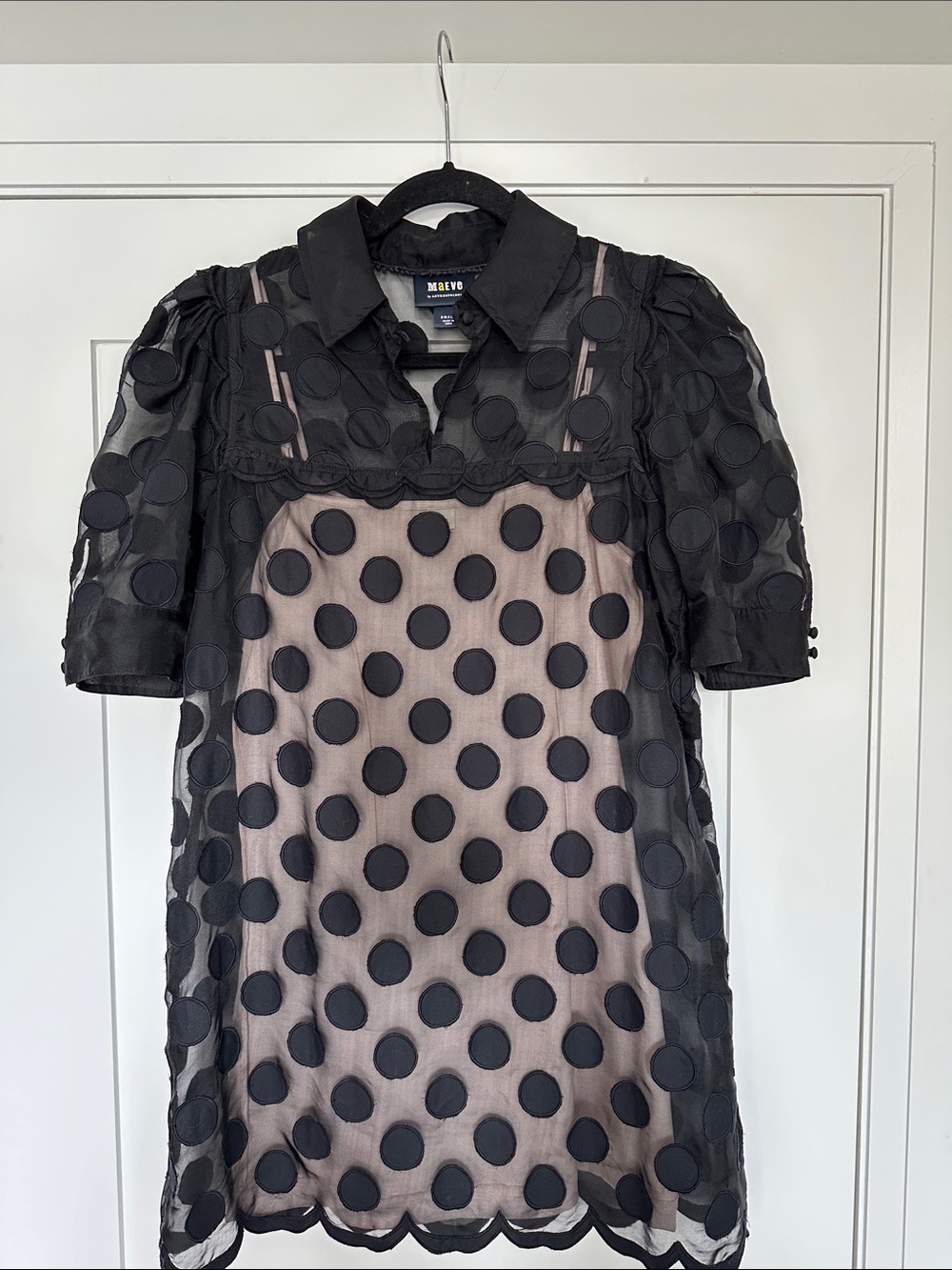 Anthropologie Maeve Scallop Black Polka-Dot Sheer Mini Dress Sz. Small